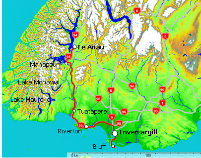 Map of Te Anau to Invercargill & Bluff via Riverton Map of Te Anau to Invercargill & Bluff via Riverton